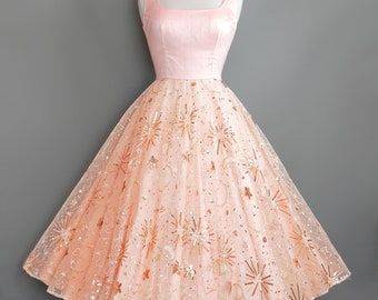Pink Celestial Wedding Dress in Silk & Copper Stars Sequin Lace- 1950s Tea Length Wedding Dress - Made by Dig For Victory