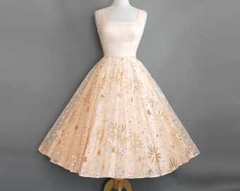 Celestial Wedding Dress in Pink Silk & Copper Stars Sequin Lace- 1950s Tea Length Wedding Dress - Made by Dig For Victory