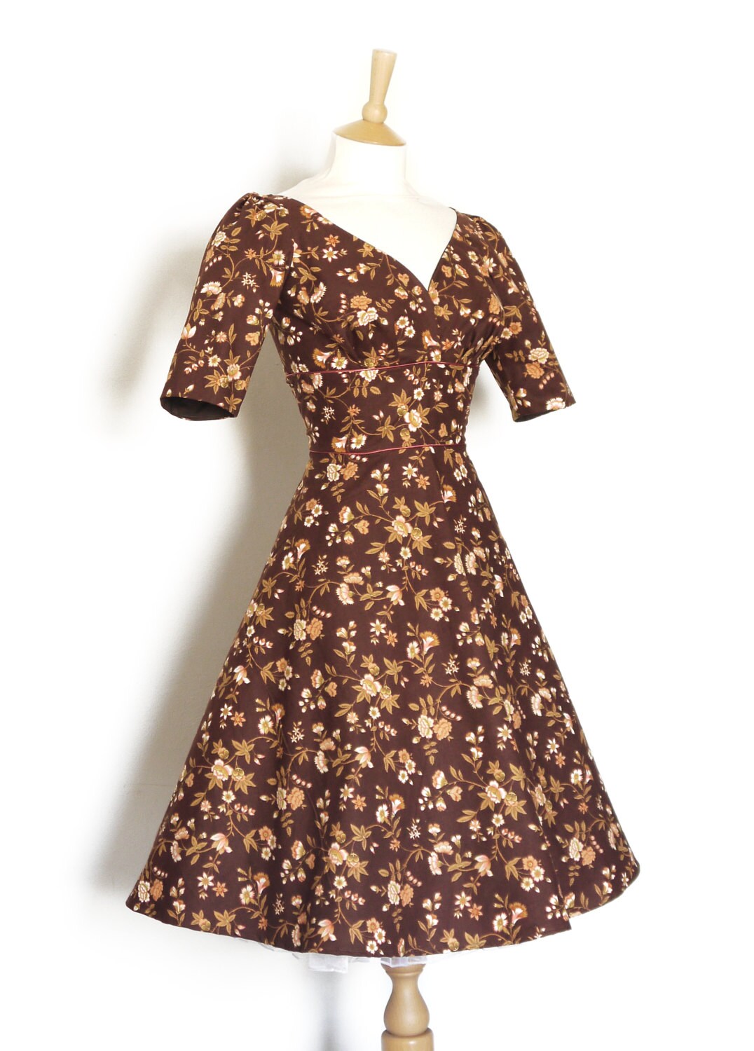Chestnut Brown Floral Cotton Sweetheart Tea Dress With Elbow