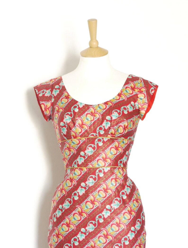 Cherry Red Diagonal Floral Stripe Scoop-neck Pencil Dress Made by Dig For Victory image 3
