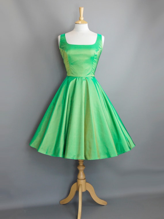 jade green cocktail dress Taffeta Square Scoop Neck 50's Swing wear refined