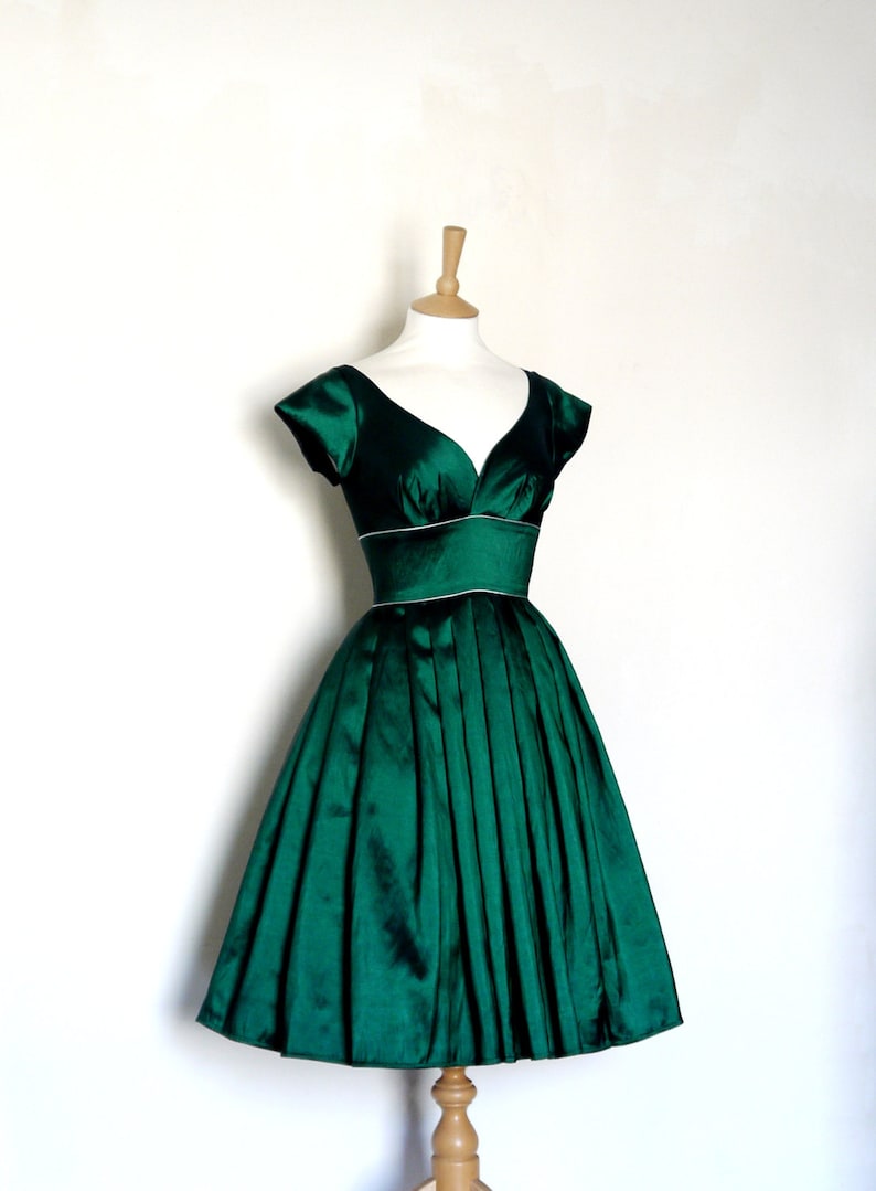 Emerald Taffeta Party Dress With Cap Sleeves and Silver Piping - Etsy