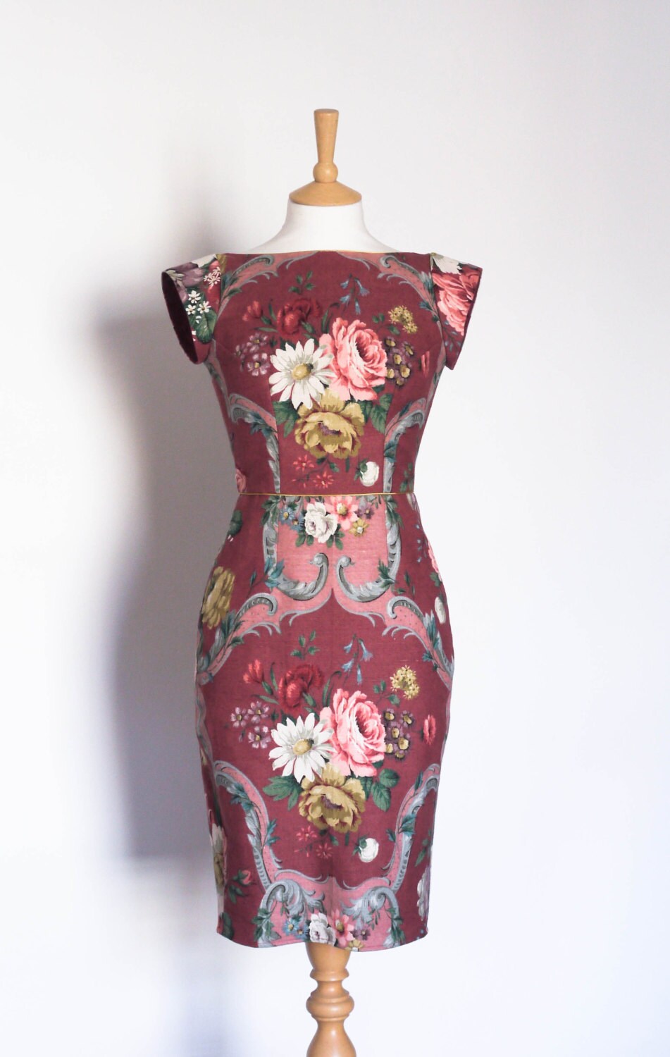 Image of Uk Size  Burgundy Sanderson Floral Darted Bodice Pencil Dress - Made By Dig For Victory
