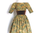 Autumn Dress- Leaf Print Audrey Style Prom Dress with Sleeves and Velvet Waistband- by Dig For Victory