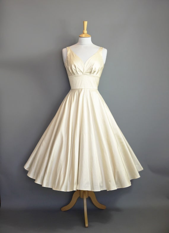 Sweetheart Tea Length Ivory Satin Vintage Wedding Dress Sweetheart Tea Length Ivory Satin Vintage Wedding Dress