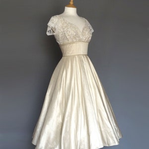 Ruby Wedding Dress in Champagne Silk & Ivory Lace - Sweetheart Tea Length Circle Skirt - Made by Dig For Victory