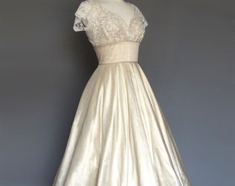 Ruby Wedding Dress in Champagne Silk & Ivory Lace - Sweetheart Tea Length Circle Skirt - Made by Dig For Victory