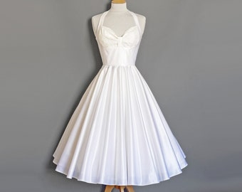 Vintage Ivory Pearl Satin 1950's Marilyn Halter Bodice Wedding Dress with Tea Length Circle Skirt - eco wedding - Made by Dig For Victory