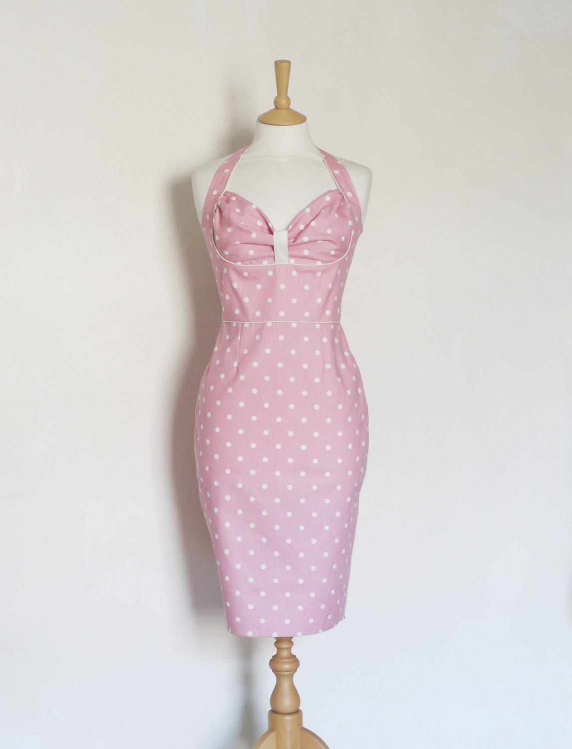 Image of Size Uk  | Us /Eu  - Pink Polka Dot Bustier Halter Pencil Dress- Made By Dig For Victory