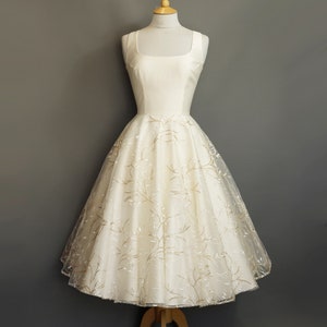UK Size 12 Isabella Wedding Dress in Gold Sequin Willow Lace - 1950s Tea Length Wedding Dress - Made by Dig For Victory
