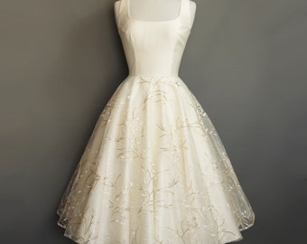 UK Size 12 Isabella Wedding Dress in Gold Sequin Willow Lace - 1950s Tea Length Wedding Dress - Made by Dig For Victory