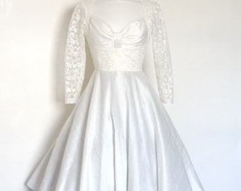 Marilyn Bustier Ivory Silk Dupion and Bronte Lace Wedding Dress with Circle Skirt - Made by Dig For Victory