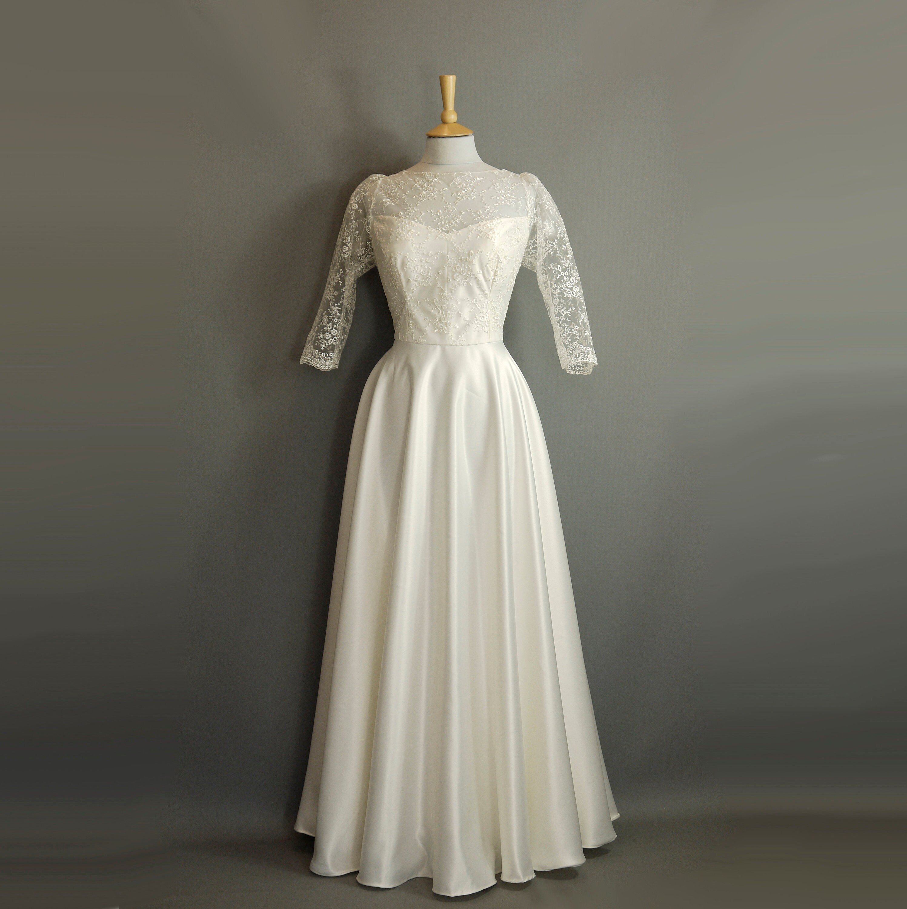 Grace Wedding Gown in Ivory Duchess Satin and Bronte Lace - Made to order by Dig For Victory Grace Wedding Gown in Ivory Duchess Satin and Bronte Lace - Made to order by Dig For Victory