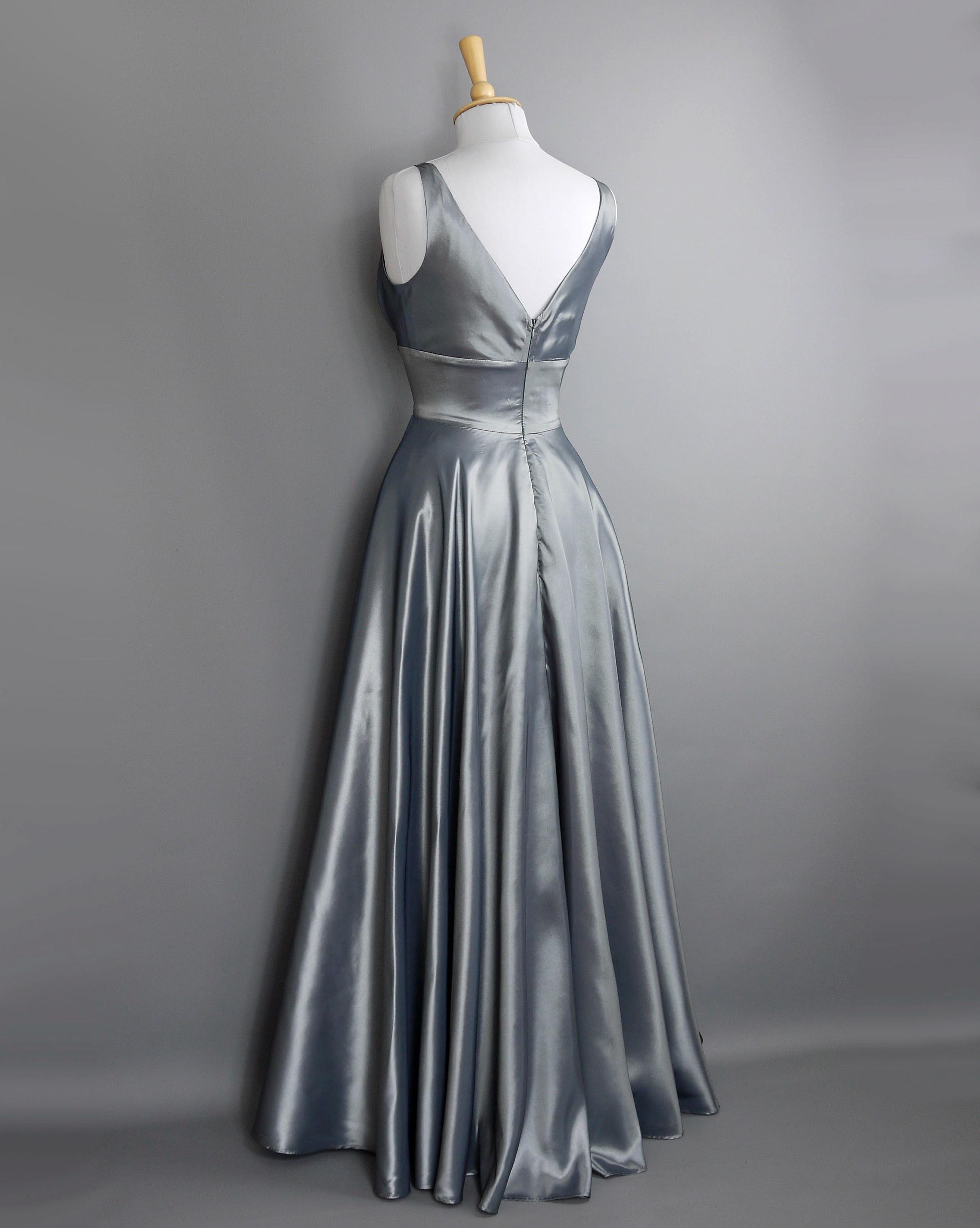 grey taffeta dress Sophisticated Silver Taffeta Dress with Sculptural Cut and Shape