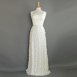 Lana Wedding Gown in Ivory Satin & Charleston Sequin Tassel Lace with Full Length Fitted A-Line Skirt - Made by Dig For Victory