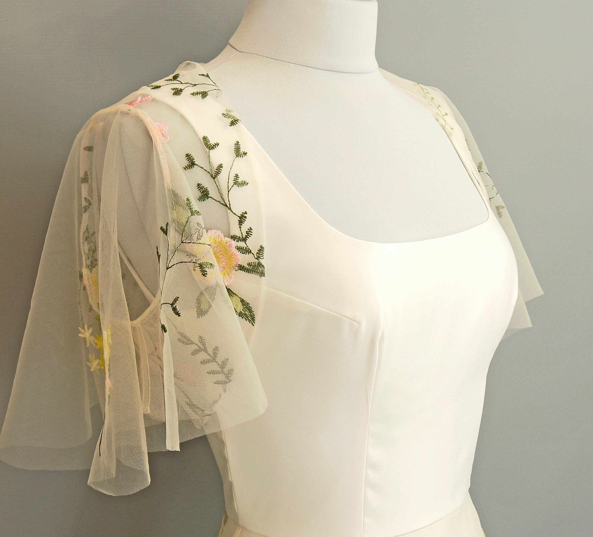 Yellow & Peach Dahlia Floral Lace Bolero Top With Flutter