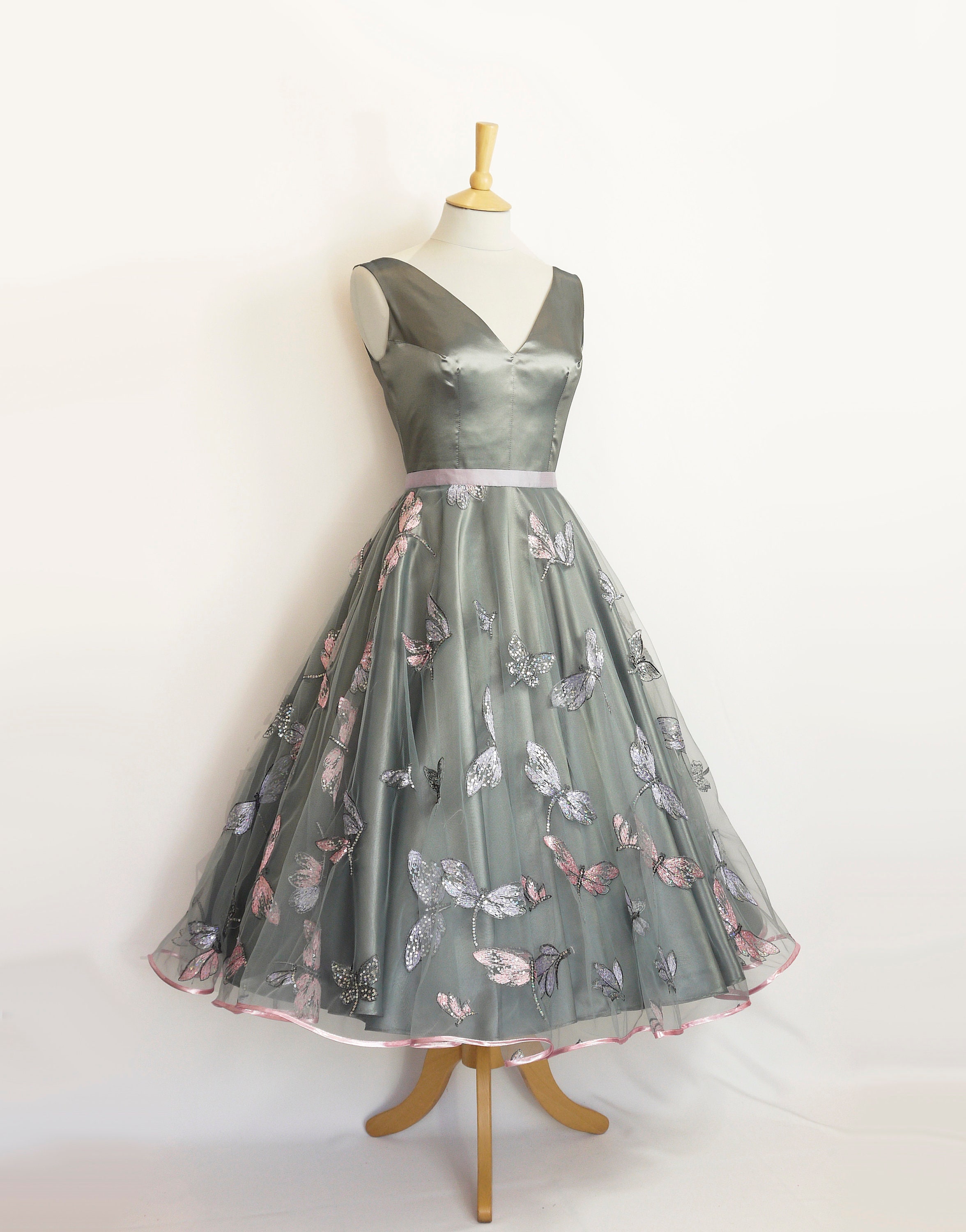 Pewter Shot Taffeta V-neck Tea Length Swing Dress - 1950s Dress
