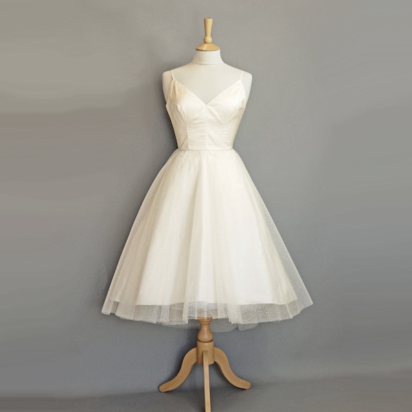 Darcy Wedding Dress Ivory Silk Dupion and Glitter Shimmer Tulle - 1950s Tea Length Wedding Dress - Made by Dig For Victory