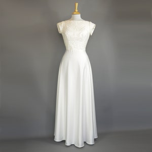 Size UK 10 (US 6/EU 38) - Satin Wedding Gown in Ivory Crepe & Art Deco Sequin Lace - Made by Dig For Victory