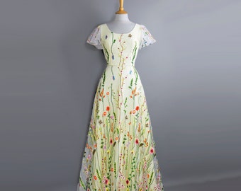 Citrus Floral Wedding Gown in Yellow Linen and Botanical lace - Buterfly sleeves - Made by Dig For Victory