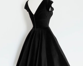 classic black velvet dress Deep Black Velvet Evening Dress - Audrey Hepburn - Circle Skirt and Cap  Sleeves - Made by Dig for Victory