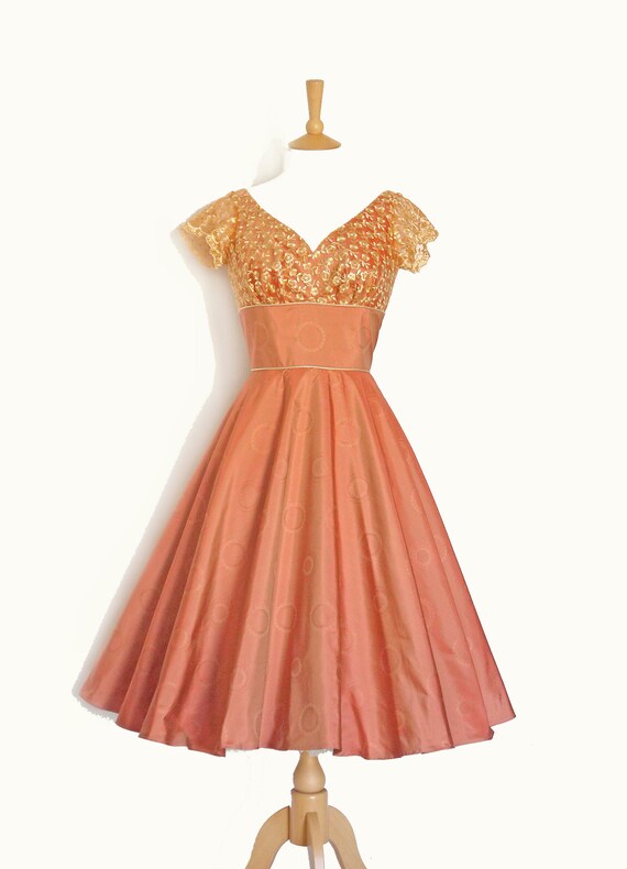 Pink Copper Silk Gold Lace Sweetheart Swing Dress Made by Dig
