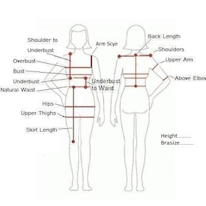 May include: Diagram showing body measurements for women's clothing, including shoulder to underbust, overbust, bust, underbust, natural waist, hips, upper thighs, skirt length, arm scye, underbust to waist, back length, shoulders, upper arm, above elbow, height, and bra size.