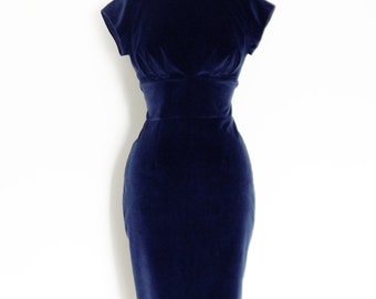 Midnight Blue Cotton Velvet Classic Pencil Dress - Made by Dig For Victory