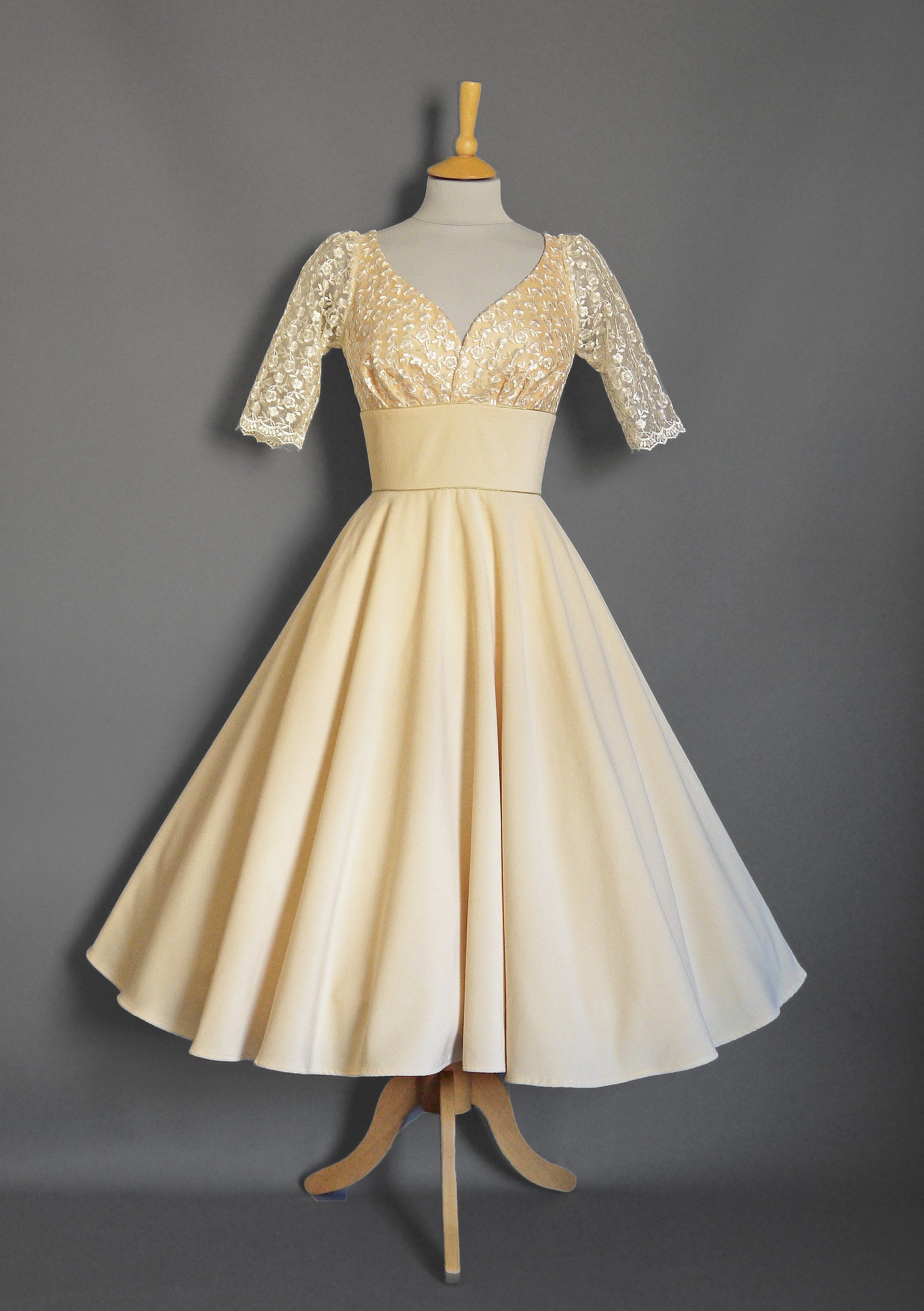 Blush Champagne Velvet & Blossom Lace Sweetheart - Tea Length Circle Skirt  Dress - Made by Dig for Victory - Etsy