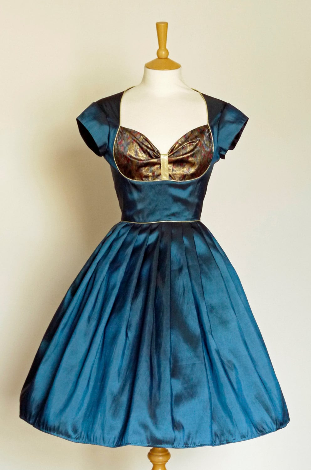 Image of Size Uk  | Us /Eu  - Teal Blue Taffeta & Vintage Brocade Bustier Prom Dress Ready Made By Dig For Victory