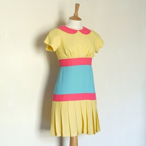 Size UK 10 US 6-8 Yellow, Pink and Blue Pop Drop-Waist Dress Made by Dig For Victory image 2