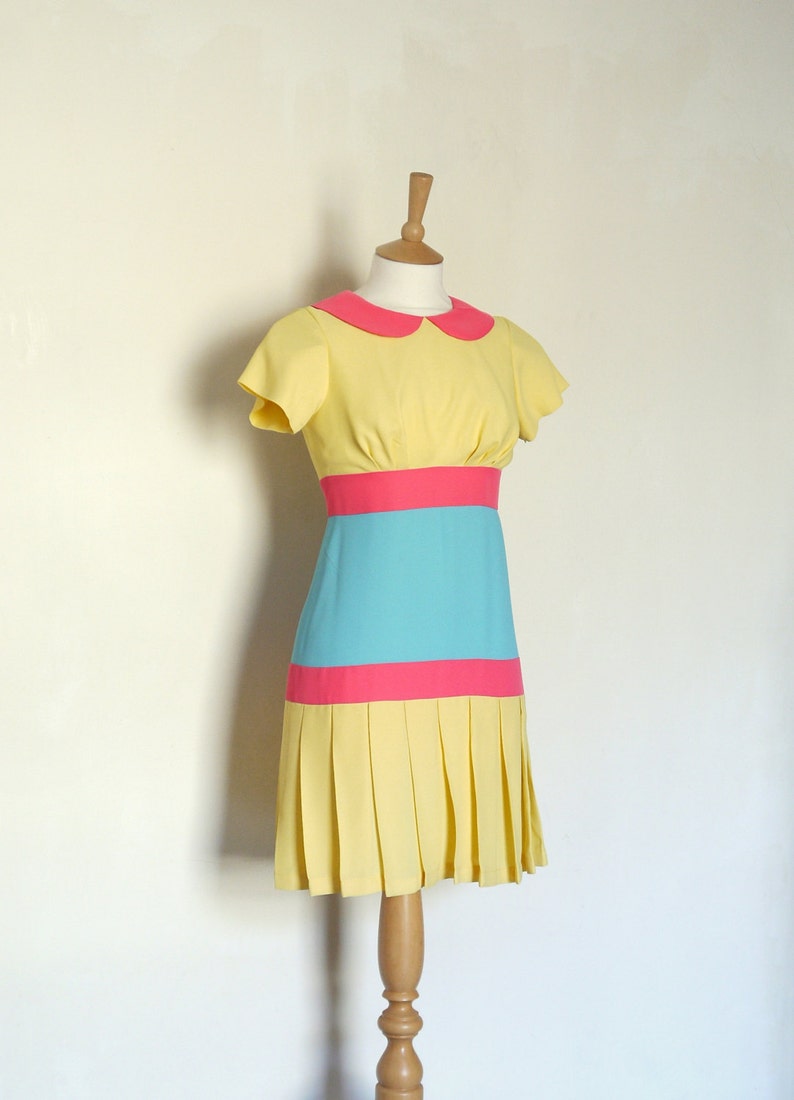 Size UK 10 US 6-8 Yellow, Pink and Blue Pop Drop-Waist Dress Made by Dig For Victory image 2