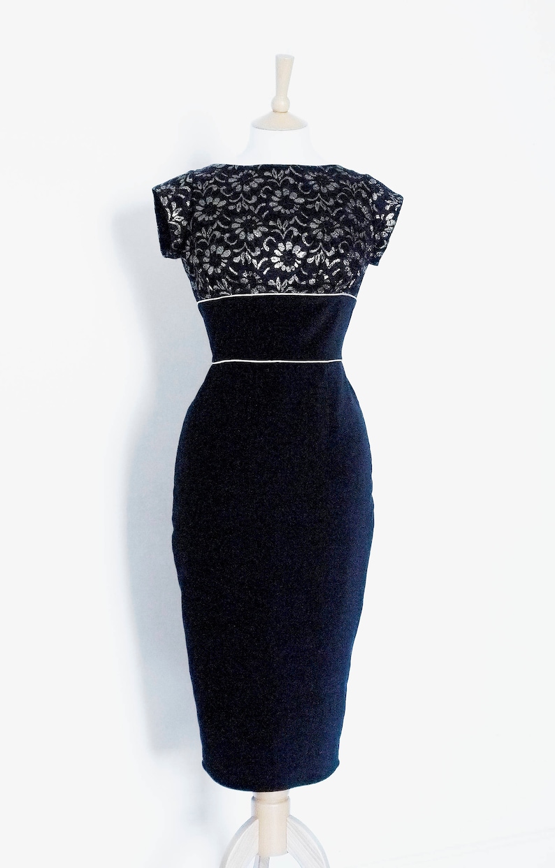 Navy Lace Pencil Dress With Diamante Buttons <span>71159<span> main image 1