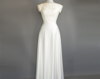 Gatsby Wedding Gown in Ivory Satin Crepe & Art Deco Sequin Lace with Full Length Half Circle Skirt - Made by Dig For Victory