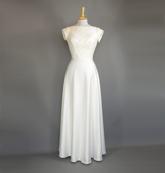 Gatsby Wedding Gown in Ivory Satin Crepe Art Deco Sequin Lace With Full Length Half Circle Skirt Made by Dig for Victory Etsy Canada