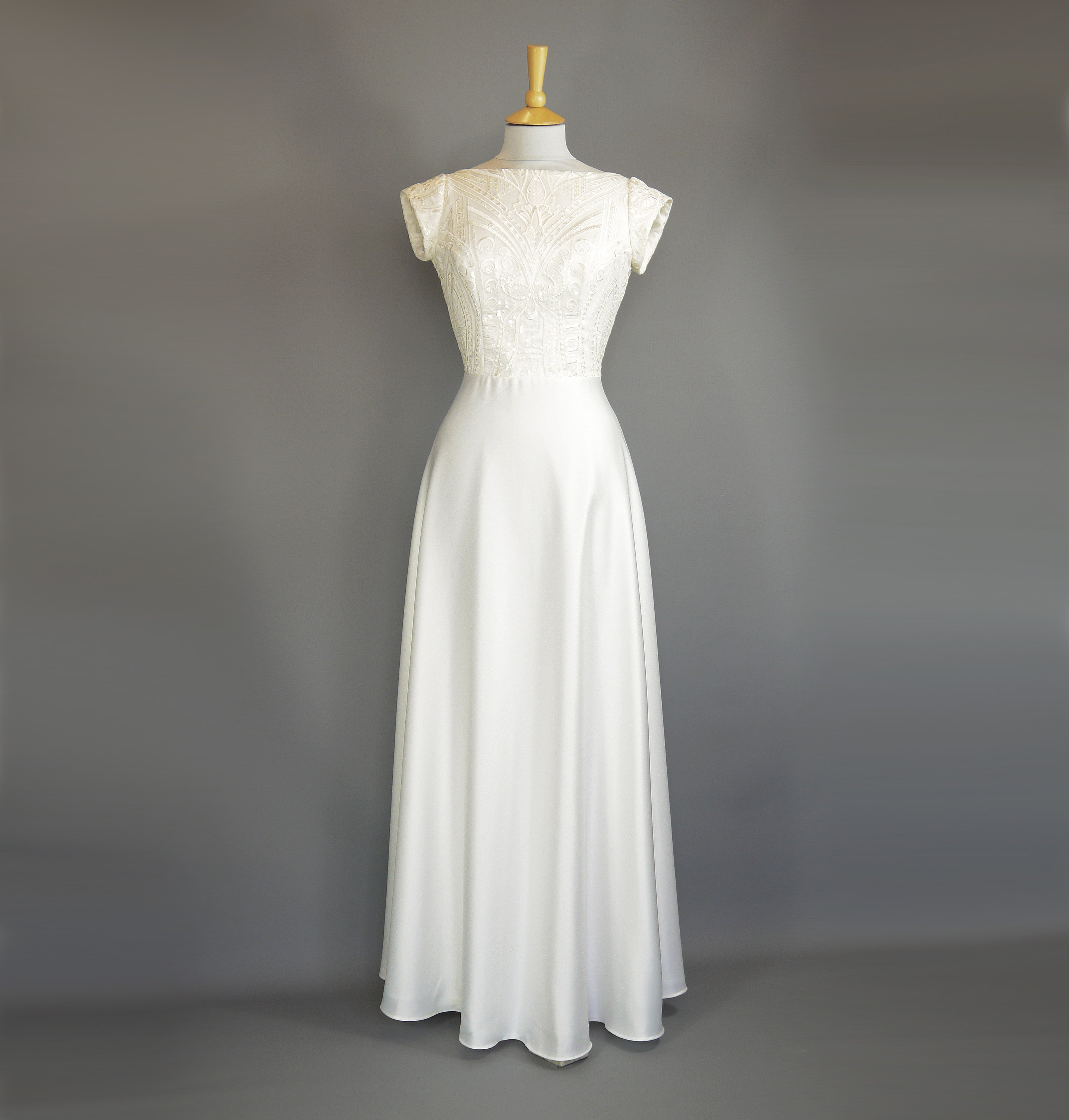 Gatsby Wedding Gown in Ivory Satin Crepe & Art Deco Sequin Lace with Full Length Half Circle Skirt - Made by Dig For Victory