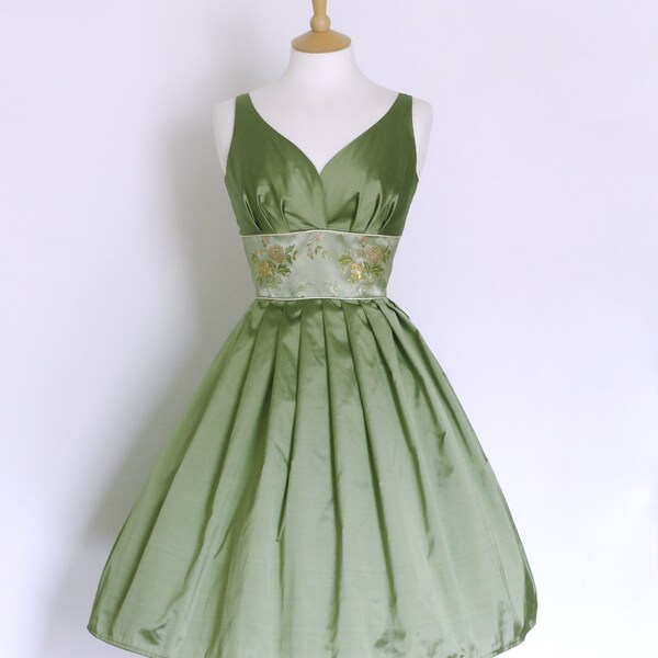 Sage Green Silk Taffeta Prom Dress with Brocade Waistband - Made by Dig For Victory