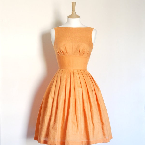 Size Uk 16 (US 14) - Tangerine Linen Tiffany Prom Dress - Made by Dig For Victory - FREE SHIPPING worldwide