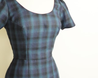 Size UK 18 - Indigo Blue Plaid Linen Shift Dress  - Made by Dig For Victory