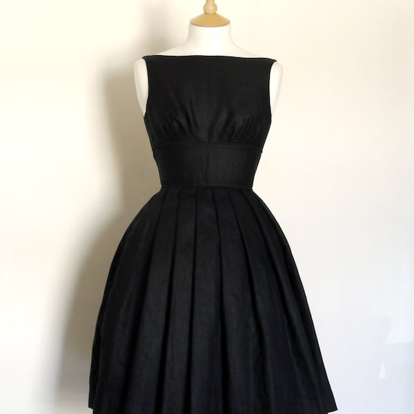 Pure Black Linen 1950s Full Skirt Tiffany Prom Dress - Made by Dig For Victory