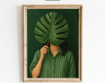 Girl with Monstera Leaf Poster – Minimal Botanical Portrait Art, Moody Green Plant Lover Wall Decor, Quiet Nature Vibe Print