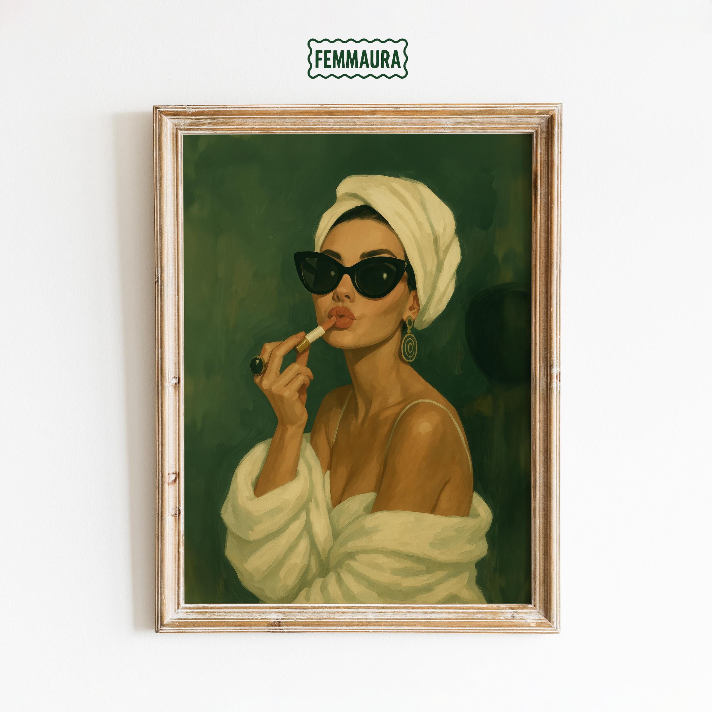 Lipstick Glam Woman Poster – Retro Vanity Wall Art in Green with Sunglasses & Towel