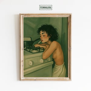 Poster "Ragazza triste ai fornelli" - Stampa con capelli ricci in cucina, arte femminile e malinconica, decorazione con sigaretta e tensione silenziosa