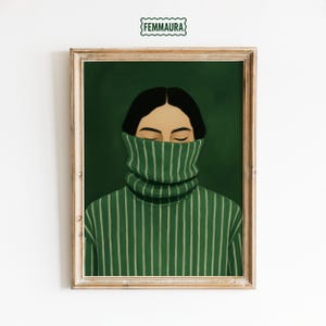 Grünes Rollkragen-Mädchen Poster - Minimale launische Wandkunst, introvertierter ästhetischer Druck, ruhiges Selbstvertrauen