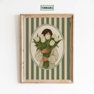 Poster Mädchen mit weißen Tulpen – Queer romantische Kunst mit Vintage-Streifen-Hintergrund