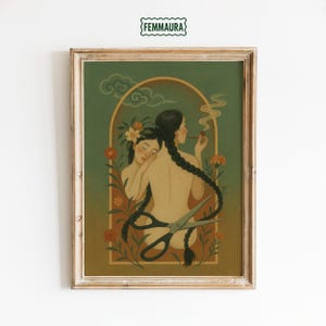 Soltar – Arte surrealista femenino de ruptura, póster simbólico de pareja lésbica