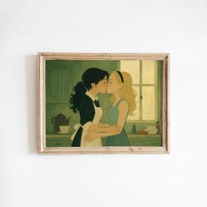 Tender Lesbian Kiss in Kitchen – Sapphic Vintage Poster Print