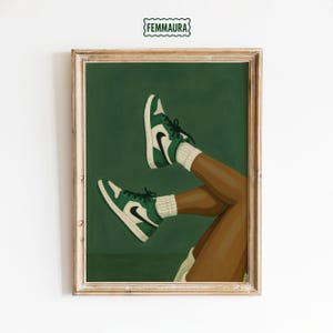Grüne Sneakers Poster - Chill Girl Beine Wandkunst, minimale sportliche ästhetische Illustration, dunkle Hautfarbe