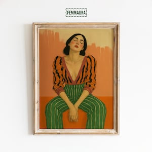 Bold Serenity - Moderne weibliche Wandkunst, gestreifter Outfit Portrait Print