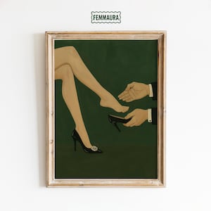 Feminine Power Poster – Minimalistische Frau’s Beine und High Heel Kunstdruck, dunkelgrüne Illustration für schickes Schlafzimmer oder Ankleidezimmer